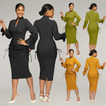 Women's autumn and winter OL V-neck pleated flared sleeve hip dress with rear zipper Women's autumn and winter OL V-neck pleated flared sleeve hip dress with rear zipper