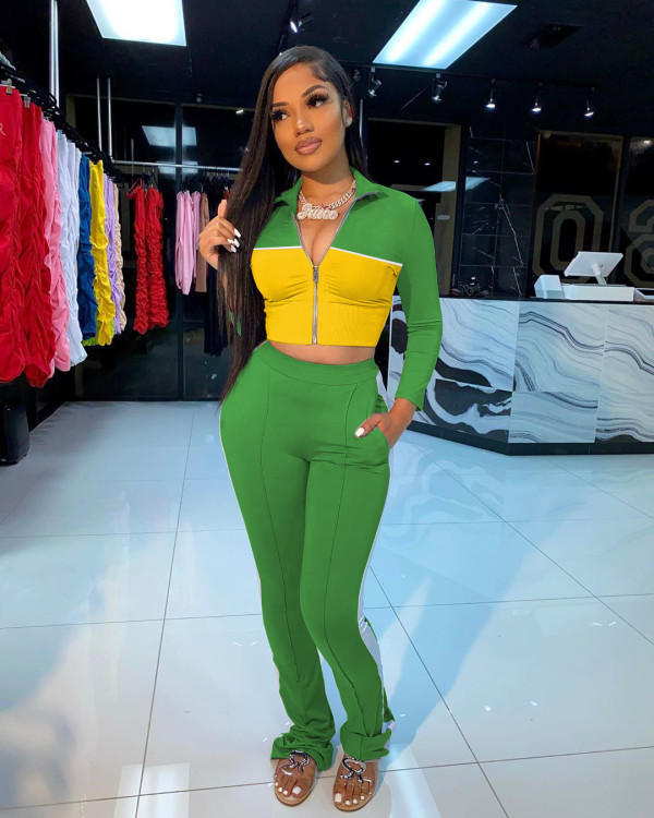 Women's solid color stitching fashion sports and leisure two-piece suit