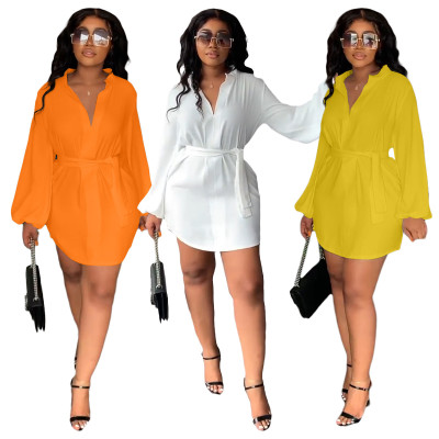 Women's Spring Autumn V-Neck Casual Puff Sleeve Dress with Belt