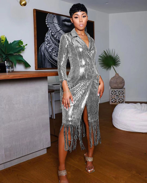 Women's Casual Solid Color Tassel Sequin Long Coat