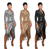 Women's Casual Solid Color Tassel Sequin Long Coat