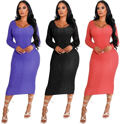 Women's Fashion Printed V-Neck Slim Fit Long Sleeve Dress