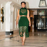 Slim fit cutout mesh fringed hip two-piece nightclub suit