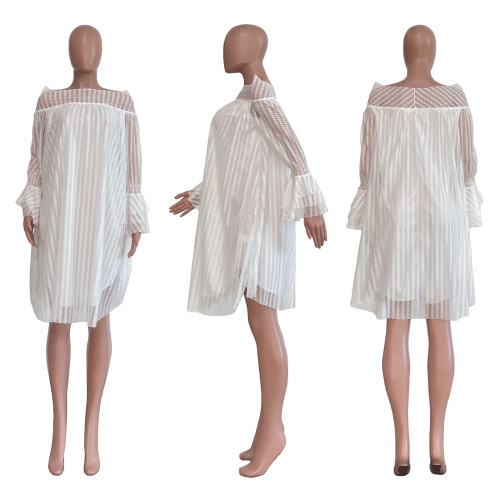 Ladies Casual Jacquard One Shoulder Pineapple Sleeve Loose Dress