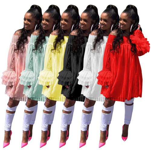 Ladies Casual Jacquard One Shoulder Pineapple Sleeve Loose Dress