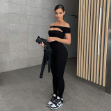 Fashion women's basic solid color sexy hollow one-shoulder short-sleeved casual sports jumpsuit