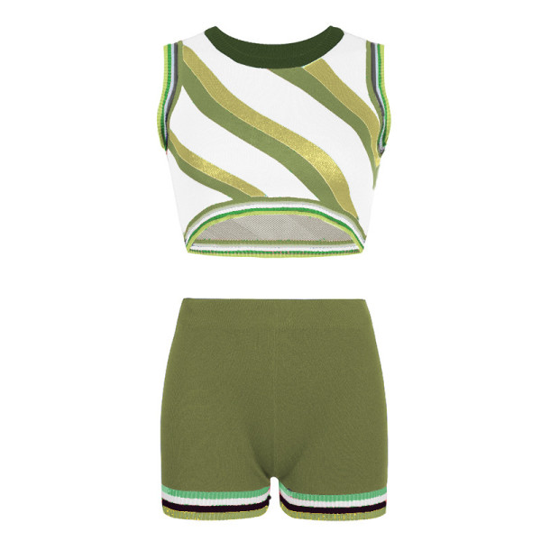 Women's Twill Panel Contrast Cropped Knit Tank Top Shorts Set of Two