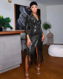 Women's Casual Solid Color Tassel Sequin Long Coat