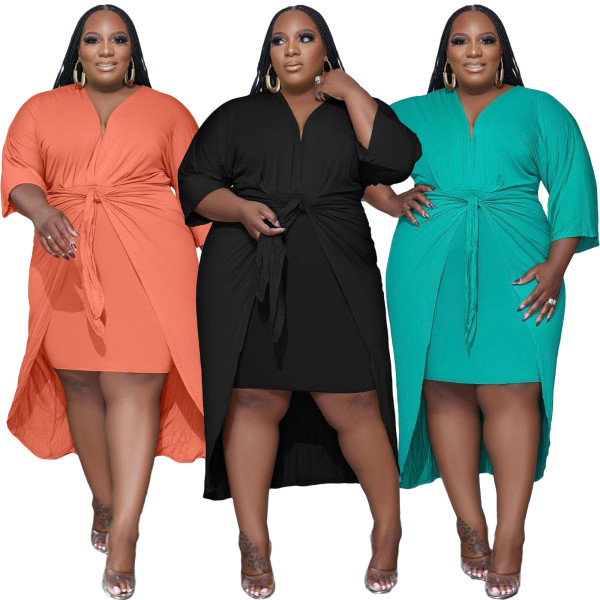 Women's V-Neck Three-quarter Sleeve Large Irregular Dress