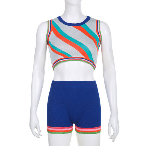 Women's Twill Panel Contrast Cropped Knit Tank Top Shorts Set of Two