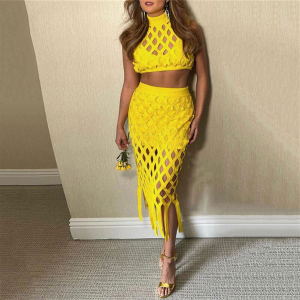 Slim fit cutout mesh fringed hip two-piece nightclub suit