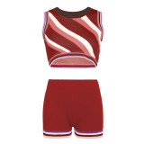 Women's Twill Panel Contrast Cropped Knit Tank Top Shorts Set of Two