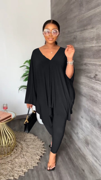 Women's Casual Loose V-Neck Doll Sleeve Suit Two Piece