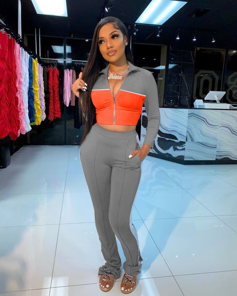 Women's solid color stitching fashion sports and leisure two-piece suit