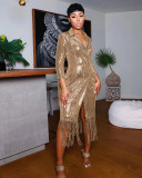 Women's Casual Solid Color Tassel Sequin Long Coat