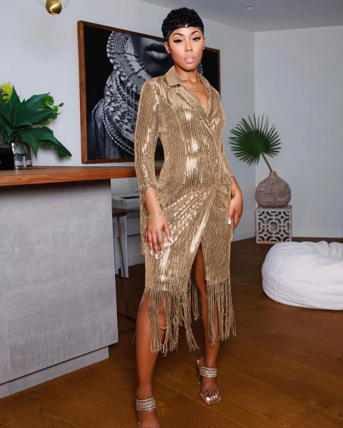 Women's Casual Solid Color Tassel Sequin Long Coat