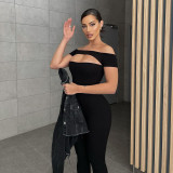 Fashion women's basic solid color sexy hollow one-shoulder short-sleeved casual sports jumpsuit