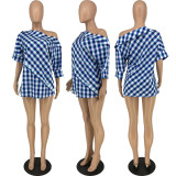 Autumn and Winter Shirts Hot Sale Fashion Personality One Shoulder Plaid Print Top