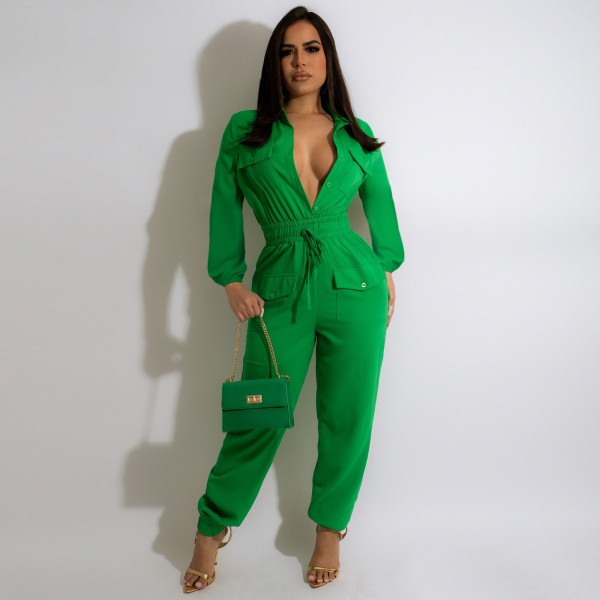 Micro-Stretch Fabric Classic Casual Cargo Jumpsuit