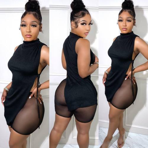 Women's Asymmetric Top High Waist Mesh Shorts Set
