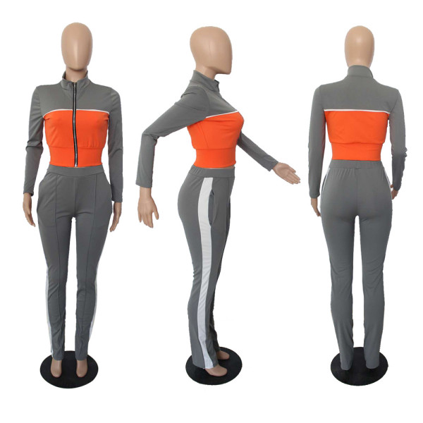 Women's solid color stitching fashion sports and leisure two-piece suit