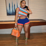 Women's Twill Panel Contrast Cropped Knit Tank Top Shorts Set of Two