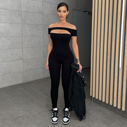 Fashion women's basic solid color sexy hollow one-shoulder short-sleeved casual sports jumpsuit