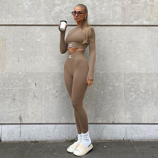 Fashion casual women's basic solid color chapter stitching sports yoga comfortable fitness suit