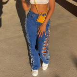 Sexy Street Women's Frayed Hollow Hollow High Waist Straight Casual Jeans