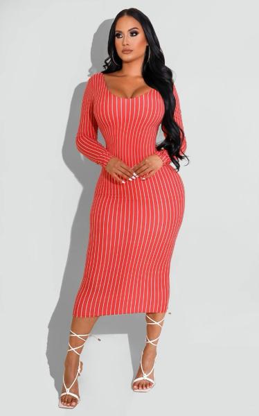 Women's Fashion Printed V-Neck Slim Fit Long Sleeve Dress