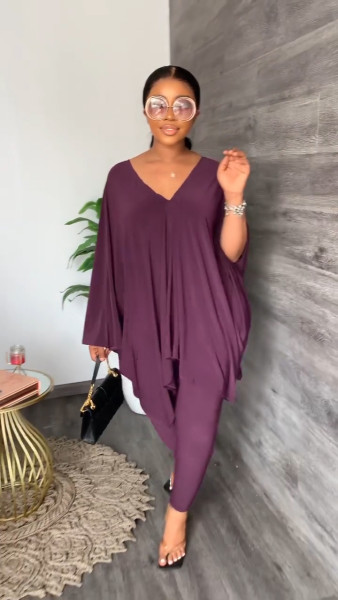 Women's Casual Loose V-Neck Doll Sleeve Suit Two Piece