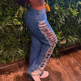 Sexy Street Women's Frayed Hollow Hollow High Waist Straight Casual Jeans