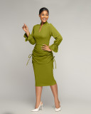 Women's autumn and winter OL V-neck pleated flared sleeve hip dress with rear zipper