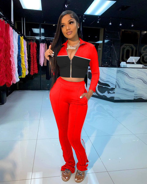 Women's solid color stitching fashion sports and leisure two-piece suit