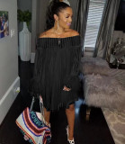 Ladies Casual Jacquard One Shoulder Pineapple Sleeve Loose Dress