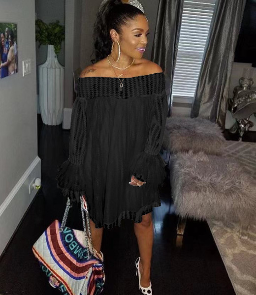 Ladies Casual Jacquard One Shoulder Pineapple Sleeve Loose Dress