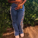 Sexy Street Women's Frayed Hollow Hollow High Waist Straight Casual Jeans
