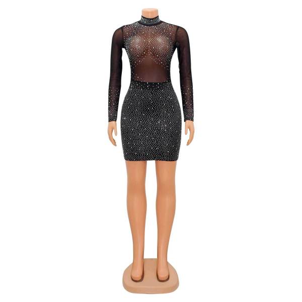 Women's Fashion Sexy Mesh Long Sleeve Hot Drill Dress