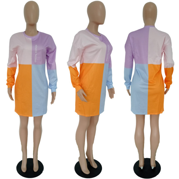 Hip Dress Long Sleeve Round Neck Patchwork Color Dress