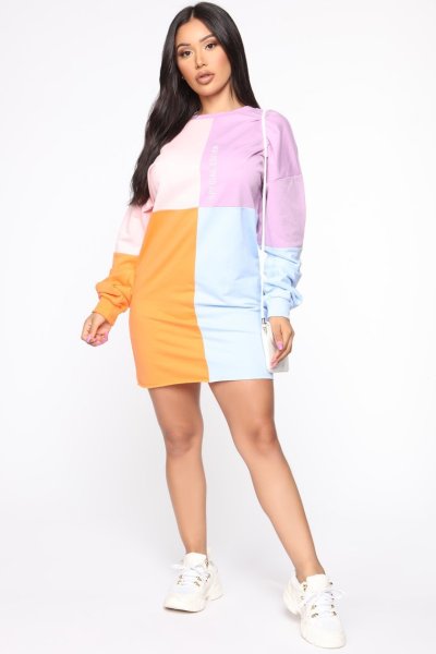 Hip Dress Long Sleeve Round Neck Patchwork Color Dress
