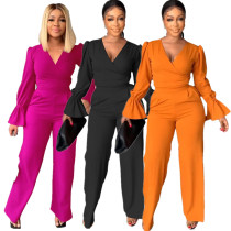 Autumn two-piece women's fashion women's V-neck flared sleeves lace-up top straight pants two-piece set Autumn two-piece women's fashion women's V-neck flared sleeves lace-up top straight pants two-piece set