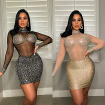 Women's Fashion Sexy Mesh Long Sleeve Hot Drill Dress Women's Fashion Sexy Mesh Long Sleeve Hot Drill Dress