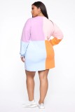 Hip Dress Long Sleeve Round Neck Patchwork Color Dress