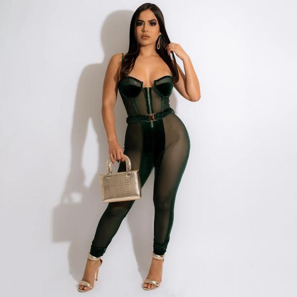 Ladies Fashion Sexy Skinny Gold Velvet Sleeveless Jumpsuit