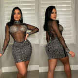 Women's Fashion Sexy Mesh Long Sleeve Hot Drill Dress