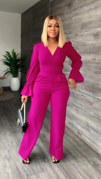 Autumn two-piece women's fashion women's V-neck flared sleeves lace-up top straight pants two-piece set