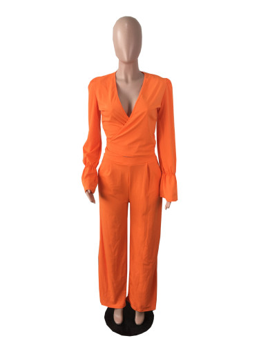 Autumn two-piece women's fashion women's V-neck flared sleeves lace-up top straight pants two-piece set