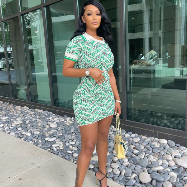 polo neck digital print short package hip dress