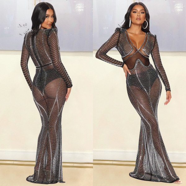 Women's Fashion Sexy Mesh Perspective Nightclub Hot Diamond Long Dress