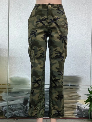High-Rise Straight-Leg Multicolor Camo Cargo Pants